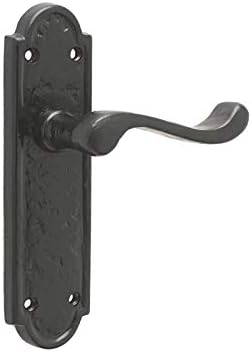 Black Antique Victorian Scroll Door Handles on Shaped Backplate Lever Latch