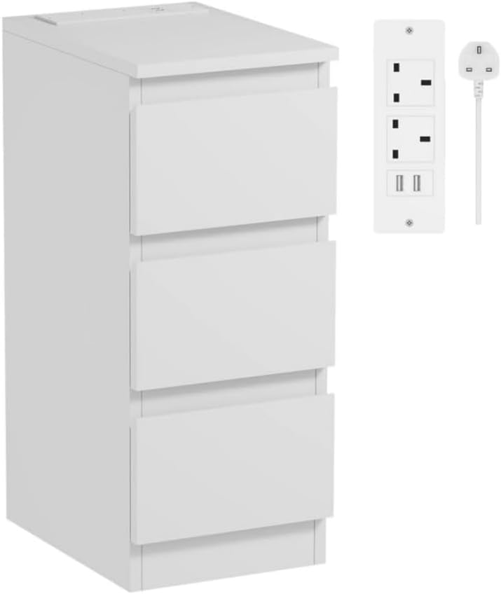 Menaka 25CM Narrow Bedside Table 3 Drawers Cabinet with Charging Station, Slim Side Table Bed Nightstand with 2 USB Ports & Power Sockets for Bedroom Living Room (ivory white)