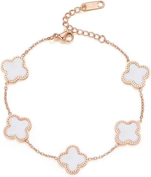 GAUEIOUR White Titanium Steel Bracelet, Simple Design Style, Delicate Four Leaf Clover Lucky Jewelry for Girls and Women (White),Rose Gold,White,15cm+6cm
