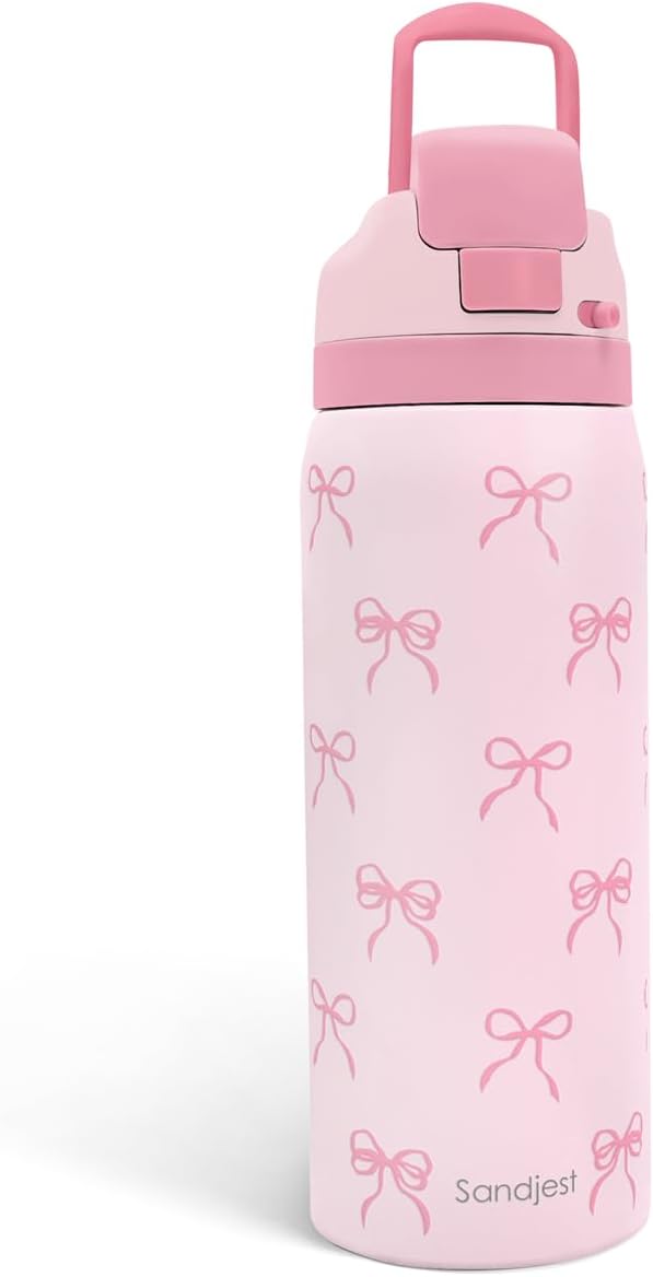 Bow Insulated Stainless Steel Water Bottle with Straw for Sports and Travel, 32oz, Gifts for Women Girls Friends Teens Birthday Christmas (Pink)