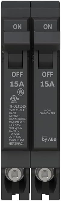 ABB Q-Line THQLT1515 Tandem Circuit Breaker • 15A/1P & 15A/1P Dual Circuit Breaker for Single Slot • 120/240V, 10 kAIC • HACR & SWD Rated • Space-Saving Design • Plug-in Mount