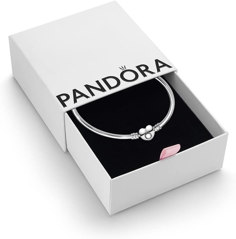 PANDORA Moments Women's Sterling Silver Heart Clasp Bangle Bracelet for Charms, Size 19, With Gift Box