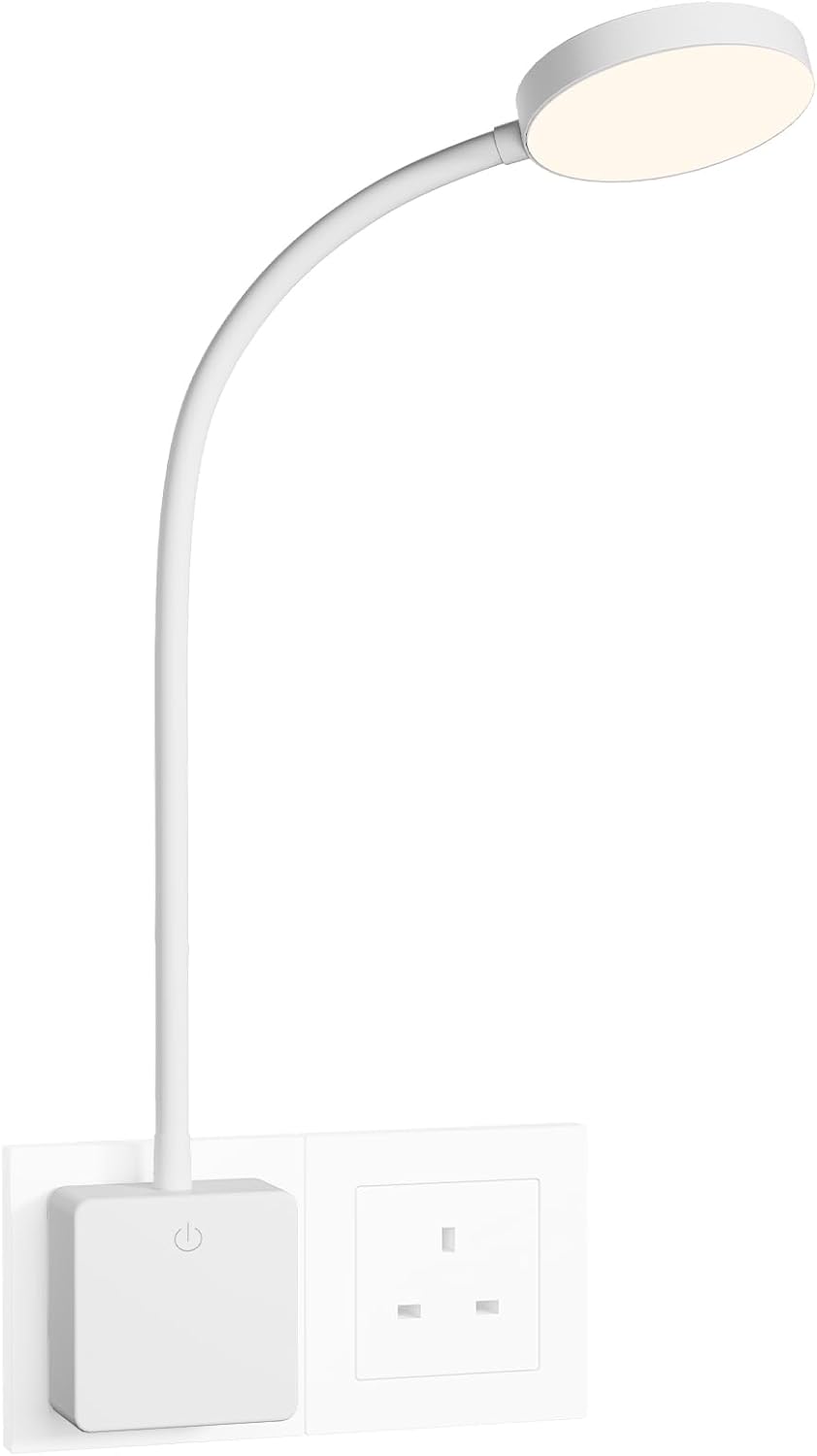ENUOTEK Dimmable Plug in LED White Wall Reading Light, Flexible Bedside Reading Lamp with Outlet Power Plug, 4W Light Brightness 350Lm, Neutral White Lighting 4000K, for Type G Power Socket