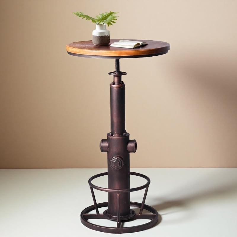 BOKKOLIK Industrial Bar Table Swivel Round Wooden Top Height Adjustable 38.6-44.4inch Vintage Kitchen Dining Chair Coffee Table Hydrant Design Bistro Table