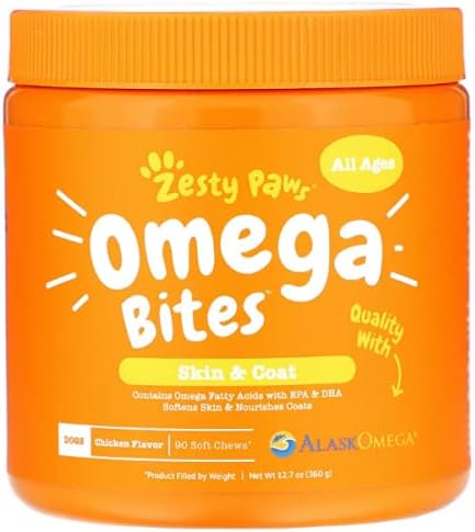 Zesty Paws, Omega Bites for Dogs, Skin & Coat, All Ages, Chicken Flavour, 90 Soft Chews