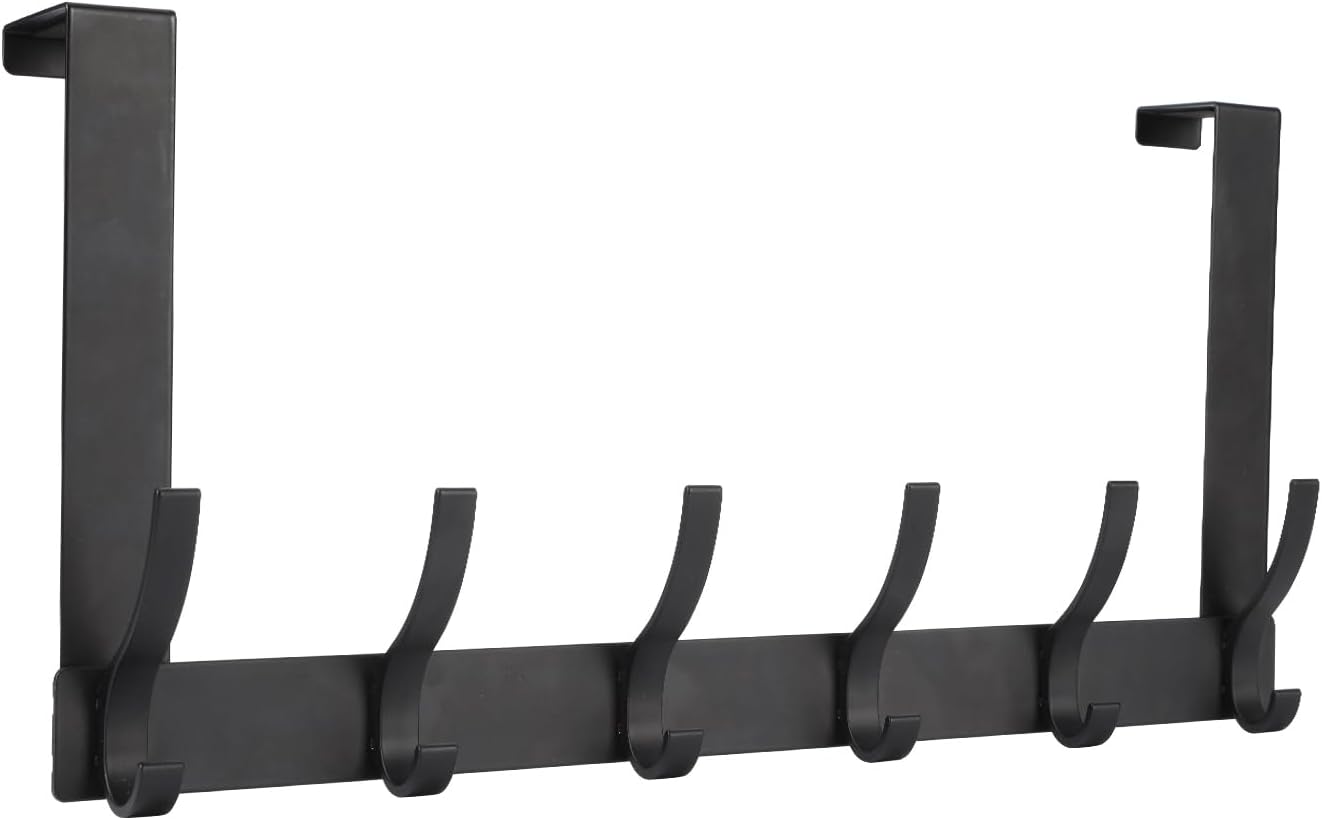 Over The Door Hooks, Door Hanger Hooks for Hanging, Over The Doors Towel Racks for Bathroom with 12 Coat Hook, Coat Rack Dorm Essentials Bathroom Accessories（1 Pack, Black）