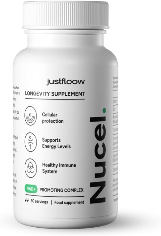 JustFloow Nucel® Longevity Supplement, Boost NAD+ Levels, Cellular Energy, DNA Repair & Healthy Aging - 8 Science-Backed Ingredients Including Nicotinamide Riboside, Resveratrol, Vitamin C & CoQ10