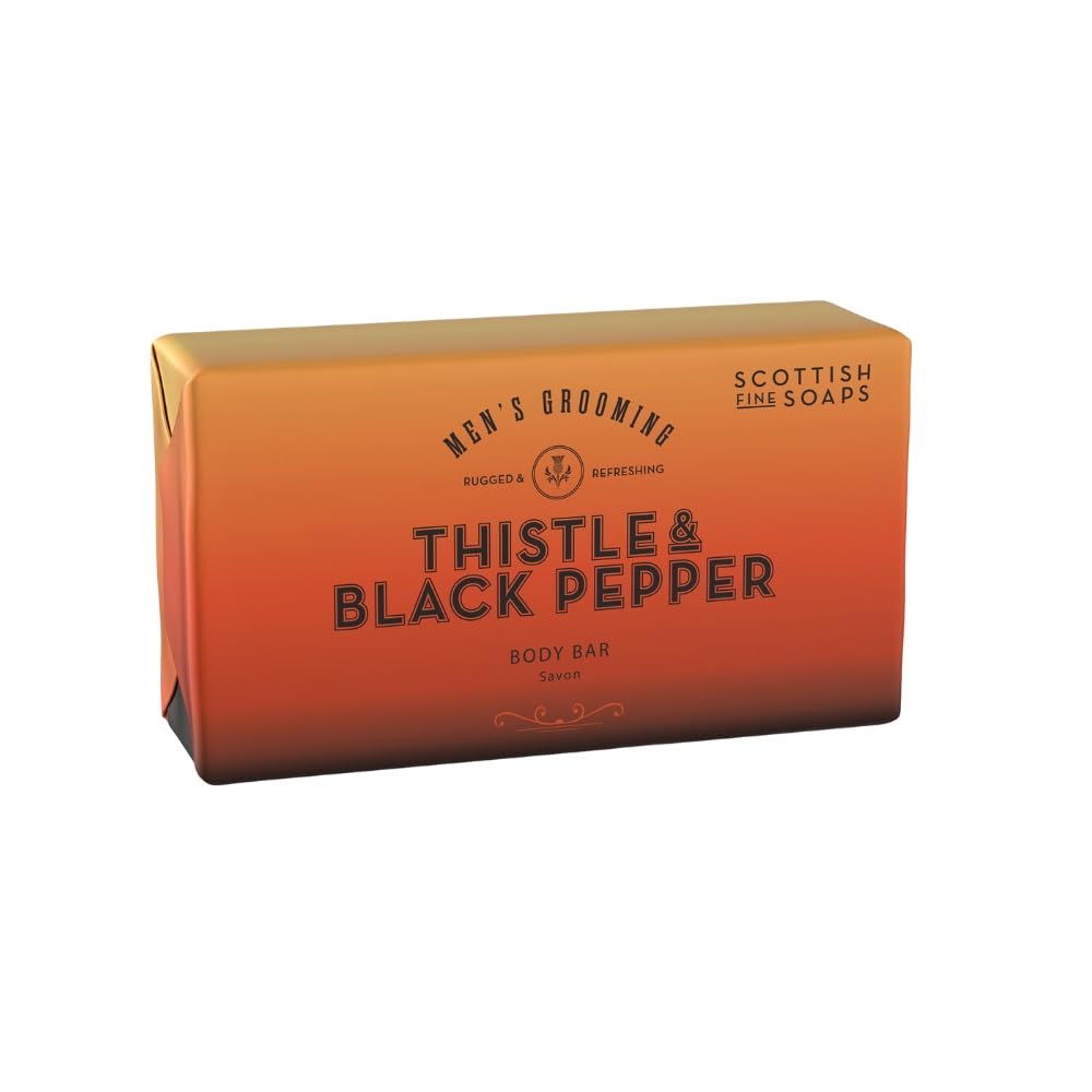 Scottish Fine Soaps Thistle and Black Pepper Body Bar, Woody Amber Fragrance with Milk Thistle Extract, 220g