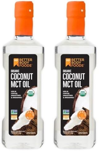 BetterBody Foods' Organic Coconut 100% MCT Oil - Keto-Friendly - C8 & C10 - Gluten Free - 16.9 oz (Pack of 2)