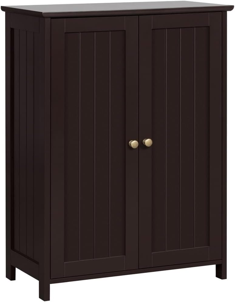 Yaheetech Bathroom Floor Cabinet, Modern Storage Freestanding Organizer Cabinet with Adjustable Shelves & Double Doors, 3-Tier Home Living Room Furniture, Espresso