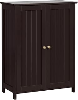 Yaheetech Bathroom Floor Cabinet, Modern Storage Freestanding Organizer Cabinet with Adjustable Shelves & Double Doors, 3-Tier Home Living Room Furniture, Espresso