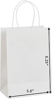 METAPRINT 50 Pack Small Gift Bags 5.8x3.2x8.25 Inch White Paper Bags with Handles Bulk, Kraft Paper Bags for Party favor, Retail, Grocery Sacks