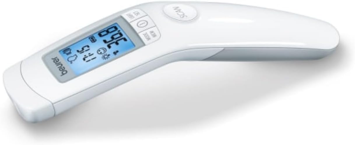 Beurer 3-in-1 Forehead Non-Contact, Body, Surface, Room Temperature, High Accuracy, Large Blue Backlit LCD Display Thermometer, 60 Memory Spaces, FT90 White, 32 Count (Pack of 1)
