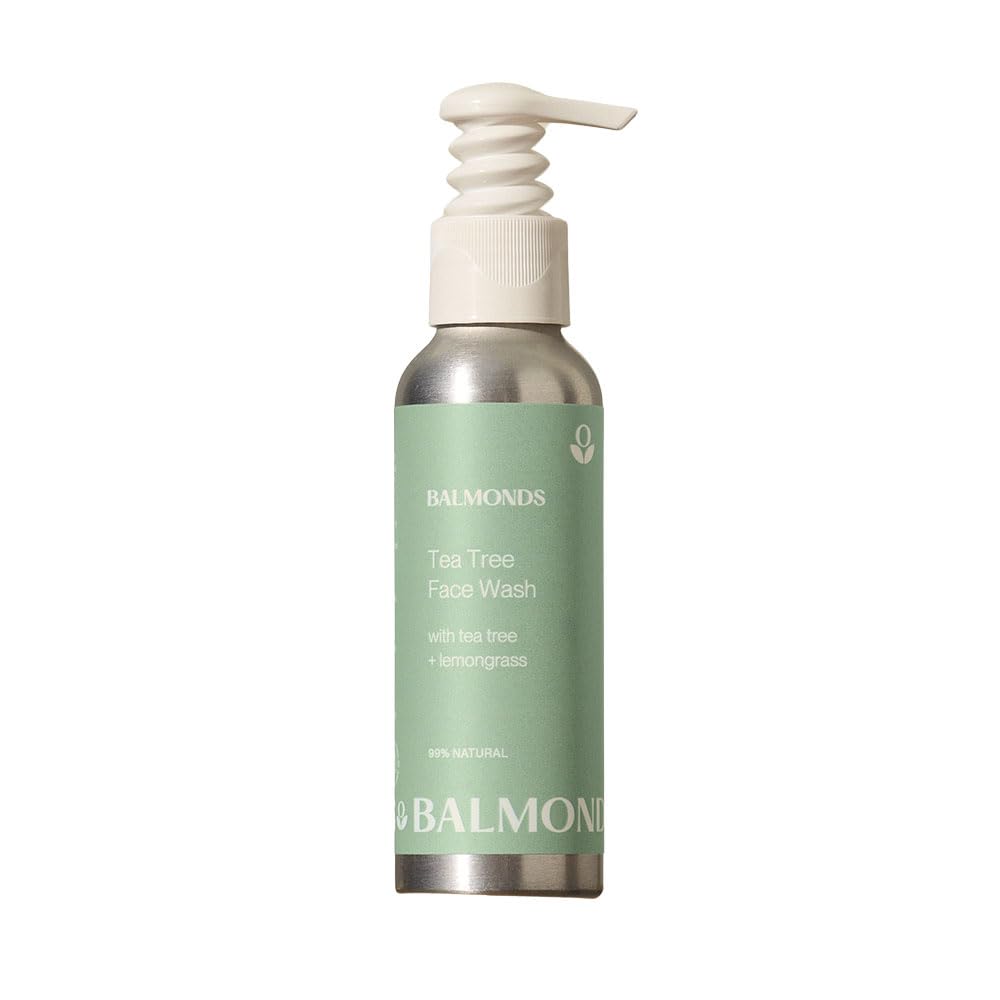Balmonds tea tree face wash - 99% natural foaming cleanser with lemongrass for sensitive, breakout-prone skin, vegan, paraben-free, 4.2 fl oz
