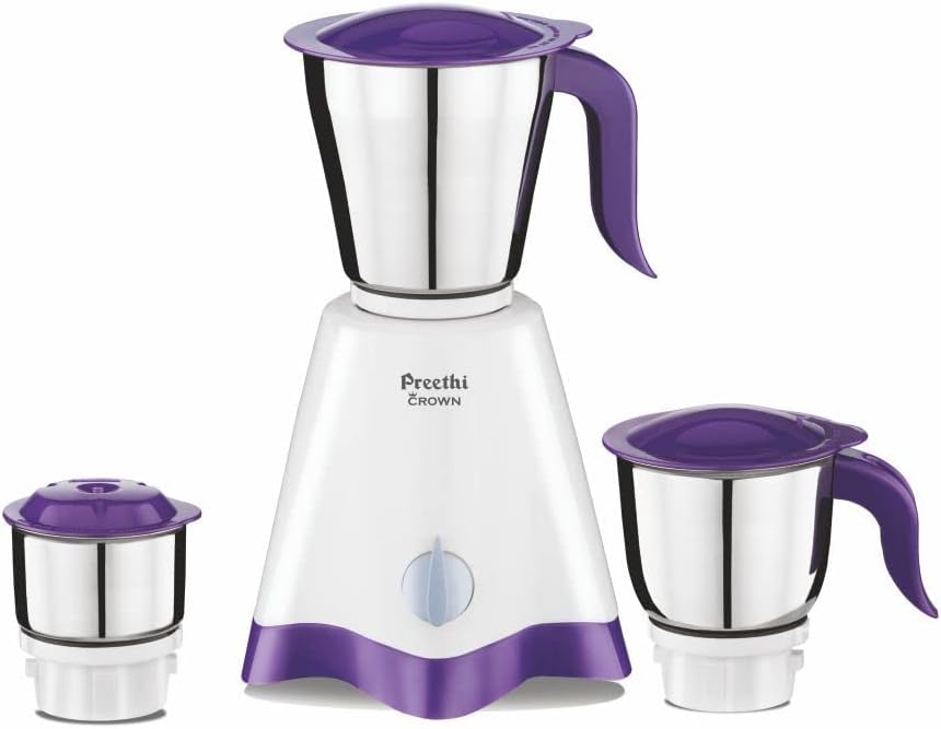 Preethi Crown MG-205 Mixer Grinder, 500 Watts, Stainless Steel 3 Jars, White & Purple Colour with FREE Universal Converter Plug