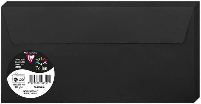 Clairefontaine - Ref 5835C - Pollen Adhesive Envelopes (Pack of 20) - DL Sized, 120gsm Paper, Printer-Compatible, Acid Free, Adhesive Strip for Easy Seal - Black