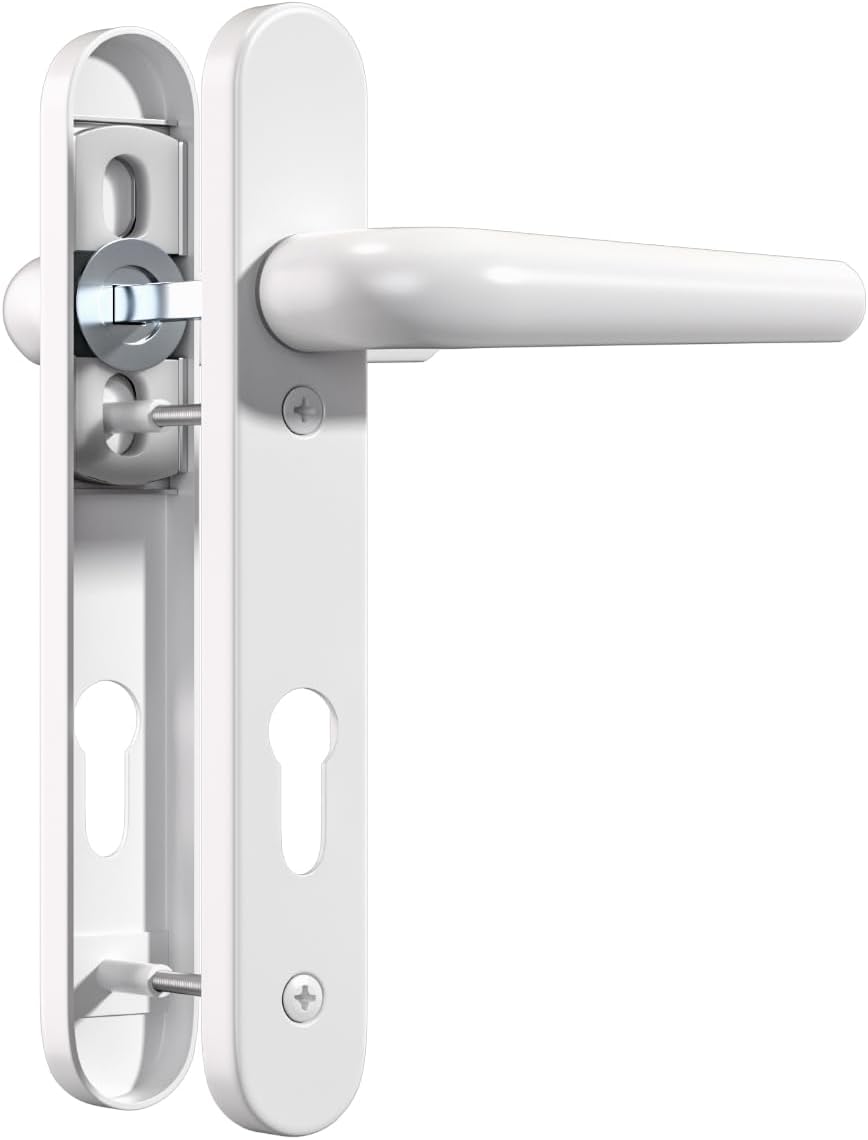 Bwintech 1 Set White UPVC Door Handle Set, 92mm Backset,122mm Screw Hole Distance, 210mm Plate Length Front Door Handles for UPVC Door