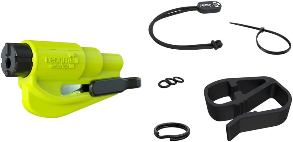 resqme Accessory Pack The Original Emergency Keychain Car Escape Tool, 2-in-1 Seatbelt Cutter and Window Breaker, Made in USA With Visor Clip, Lanyard, Keyring and Cable Tie - Yellow