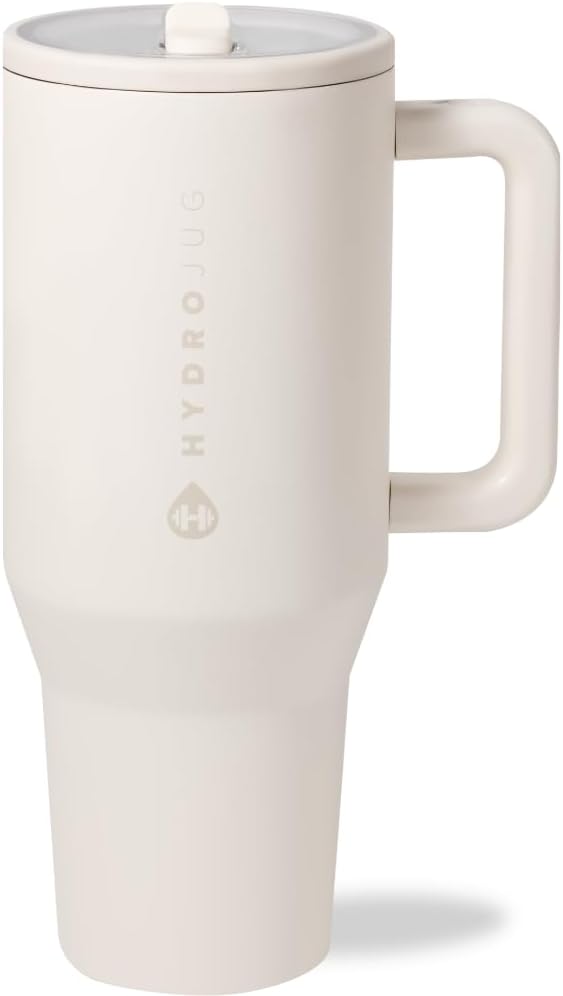 HydraJug HydroJug Traveler - 40 oz Water Bottle with Handle & Flip Straw - Fits in Cup Holder, Leak Resistant Tumbler-Reusable Insulated Stainless Steel & Rubber Base - Gifts for Women & Men, Cream
