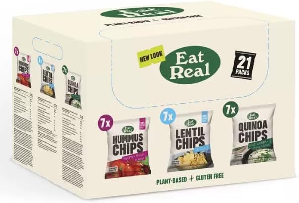 Eat Real Crisps Vegan & Healthy Snacks Variety Box Pack of 21 Mix of Quinoa, Lentil & Hummus Chips