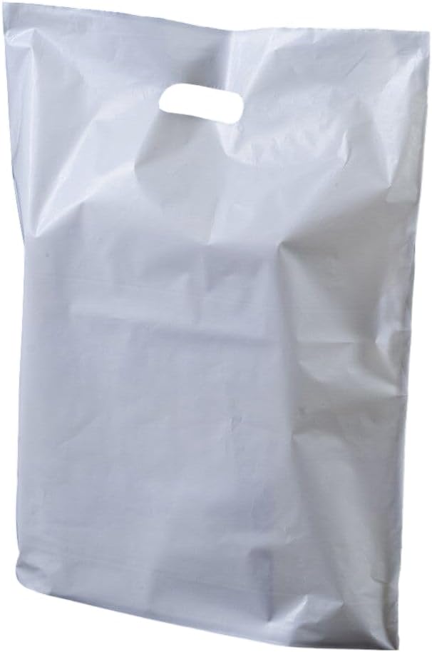 Plastic Carrier Bags 100 White with Handles | Patch Handle Carrier Bags | Large Size 18 x 15 x 3 for Shopping Groceries Gift Boutique Supermarket Cash N Carry Business Market Stall