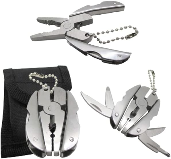 Mini Keychain Set - 6-in-1 Multitool Plier, Adjustable Wrench & Carry Case - Multifunctional All In One - Wire Strippers, Phillips Screwdriver, Knife, File