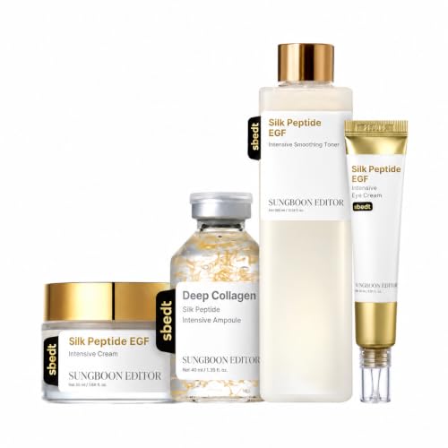 SUNGBOON EDITOR Ultimate Full Face Firm-Looking/Plump-Looking Silk Peptides EGF Set, Silk Peptides EGF Intensive Ampoule & Toner & Cream & Eye Cream, Korean Skincare