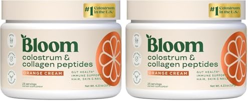 Bloom Nutrition Bovine Colostrum Powder, Orange Cream, 25 Servings, 2 Pack | Gut Health, Immune Support, Hair Growth & Beauty Supplement, Gluten Free, Sugar Free