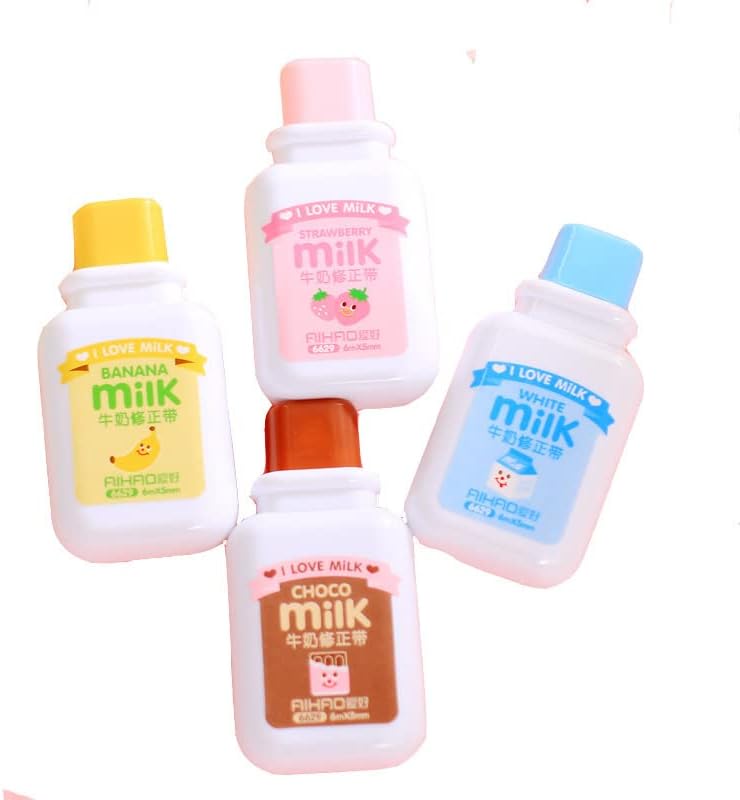 Brccee AC 4PCS Milk Bottle Correction tape Kawaii Cartoon Stationery Cute Students School Office Supplies (Brown, Blue, Yellow, Pink - Delivery with Random Color)