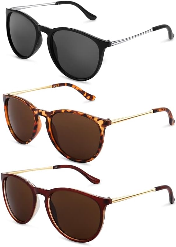 3 Pack Vintage Round Retro Polarized Sunglasses UV400 Protection Lens Ladies & Men Sunglasses