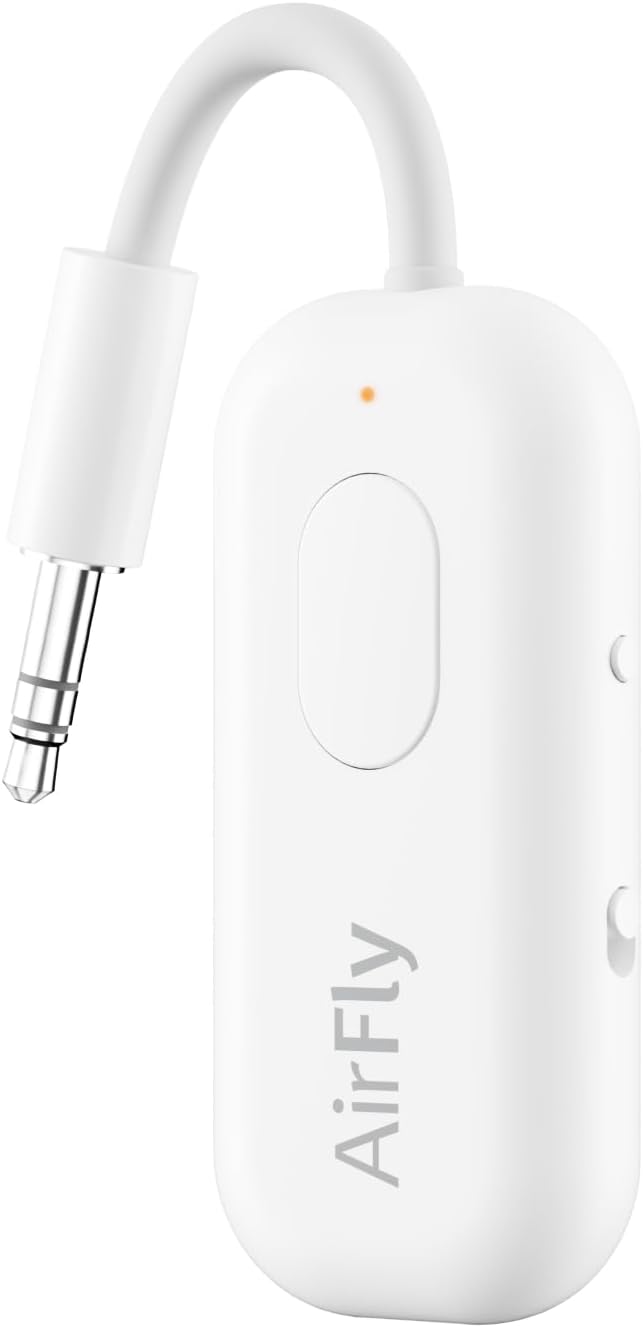 Twelve South AirFly Pro Bluetooth 5.0 Transmitter/Receiver for TV/Airplane to 2 Wireless Headphones – Wireless Adapter for AirPods, Airplane, Car, Gym, Home, Use With Any 3.5 mm Audio Jack, White