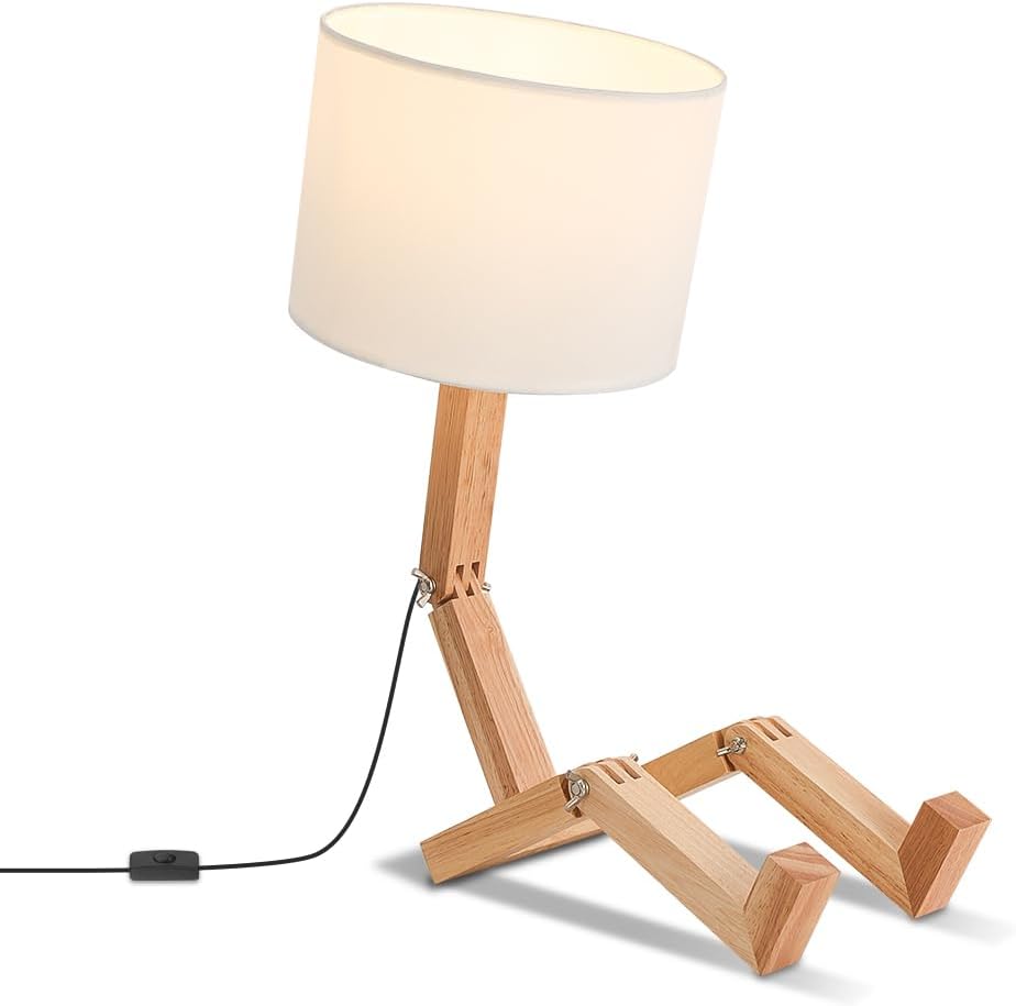 Robot Bedside Lamp, Fabric Lampshade Match Foldable Solid Wood Body, Creative E27 Screw Table Lamp for Bedroom Living Room