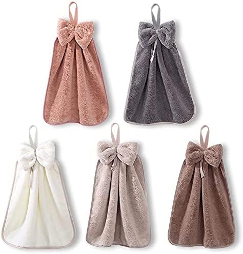prosfalt 5 PCS Hand Towels with Hanging Loop for Bathroom and Kitchen, Hanging Band Towel - Ultra Soft and Highly Absorbent Microfiber Coral Fleece, Quick Drying, Machine Washable