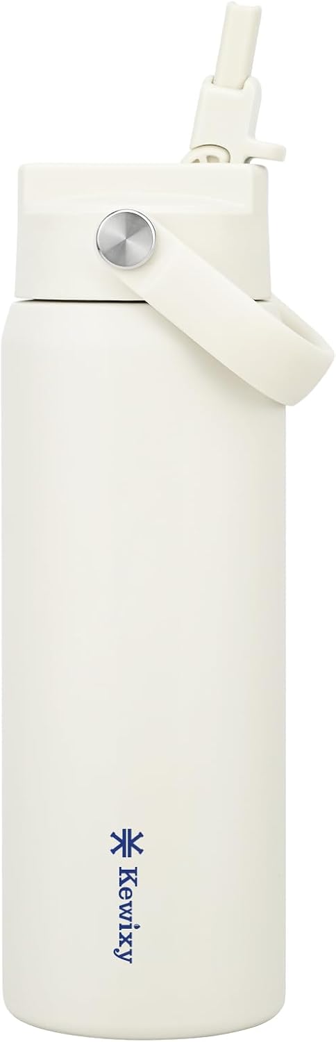 KEWIXY 24 oz Insulated Water Bottle with Straw, Easy Slide Lid, Leak Proof, Keep Cold 24H, Vacuum Insulated Tumbler, Metal Stainless Steel with Handle, Soft Ivory