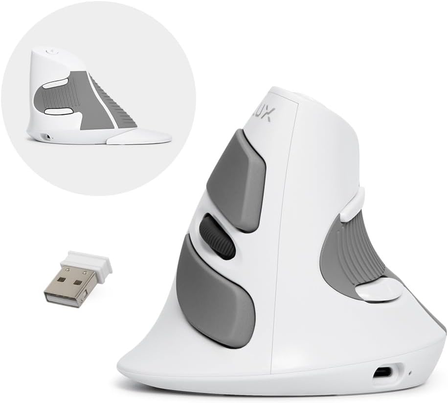 DELUX Wireless Ergonomic Vertical Mouse, Rechargeable Vertical Mouse, Bluetooth/2.4G Dual Mode, Slient Click, Removable Wrist Rest, 800/1200/1600DPI Levels, 6 Buttons, for Laptop/PC (M618G DB-White)