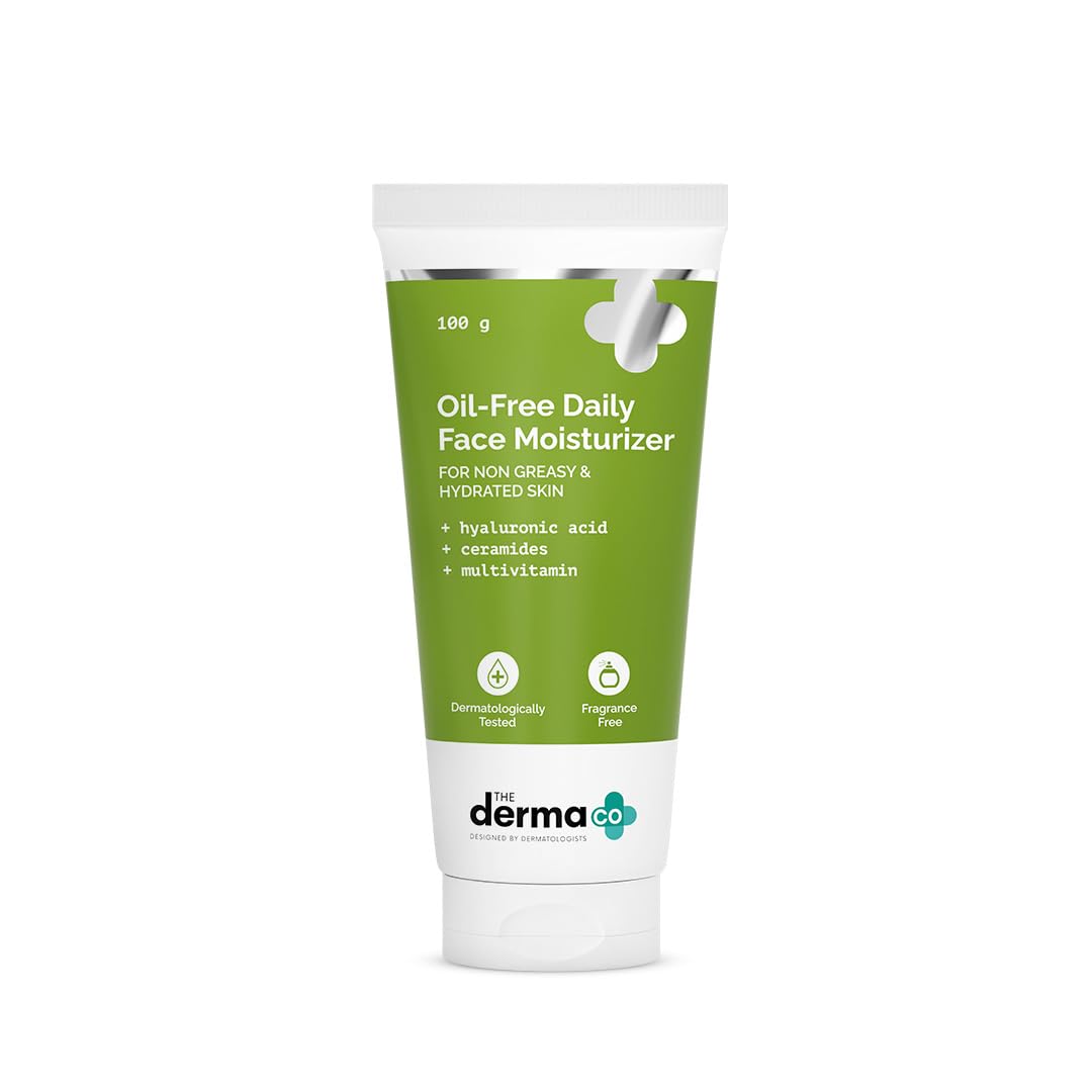 The Derma Co Oil-Free Daily Face Moisturizer | with Hyaluronic Acid & Ceramides | Gives Non-Greasy & Hydrated Skin & Helps Strengthens Skin Barrier | 3.53 Oz/100g