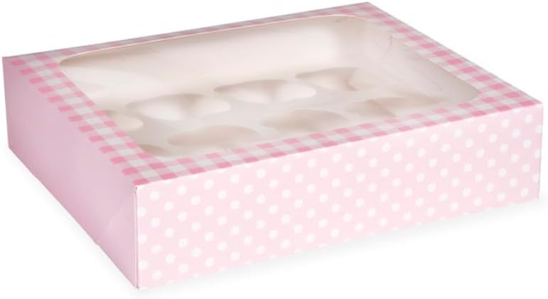 Anniversary House Pink Cupcake Box with Window and Removable 12 Hole Insert, Gingham and Polka Dot Print, 1 Pack, Easy Assembly, 7.5 x 25 x 31 CM, J163