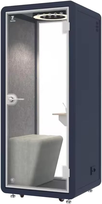 Electric Height Adjustable Office Pod Booth, Mobile Sound Proof Booth, Sound Pod with Wheels and Feet, Build-in Table Top, LED Lighting System, AC, USB Ports (Dark Blue, W 40 x D 39 x H 91 Inch)