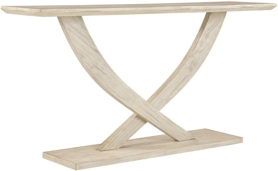 57 in. Rase Console Table with Cross Leg Design & Pedestal Base Off White Wash Wood