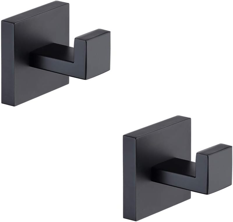 TASTOS Bath Towel Hooks Matte Black, 2 Pack Stainless Steel Robe Coat and Clothes Hook, Heavy Duty Wall Hook for Bathroom & Kitchen, Modern Square Style Wall Mounted (Black)