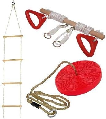 Set Of Rope Ladder, Wooden Trapeze Swing & Red Plate Seat Swing Garden Toy