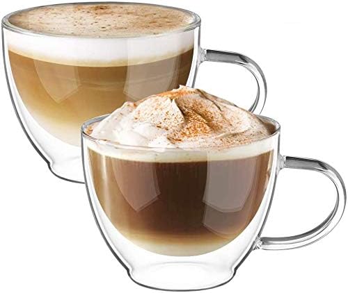 ecooe 2x350ml Double Walled Coffee Glasses Mugs Cappuccino Latte Macchiato Glasses Cups with Handle Borosilicate Heat Resistant Glass Cups for Coffee Tea Milk Juice Ice Cream