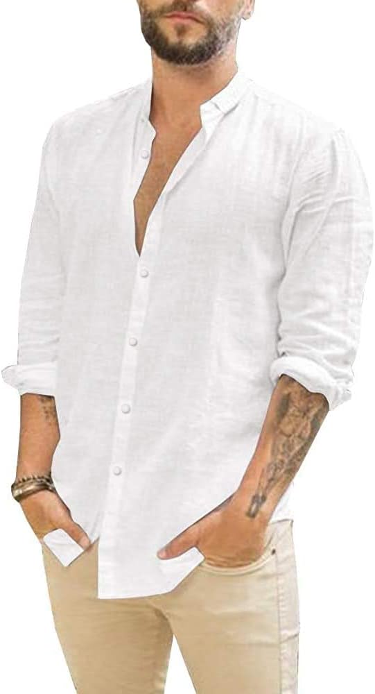 Mens Casual Long Sleeve Cotton Linen Shirts Buttons Down Solid Plain Roll-Up Sleeve Summer Beach Shirts