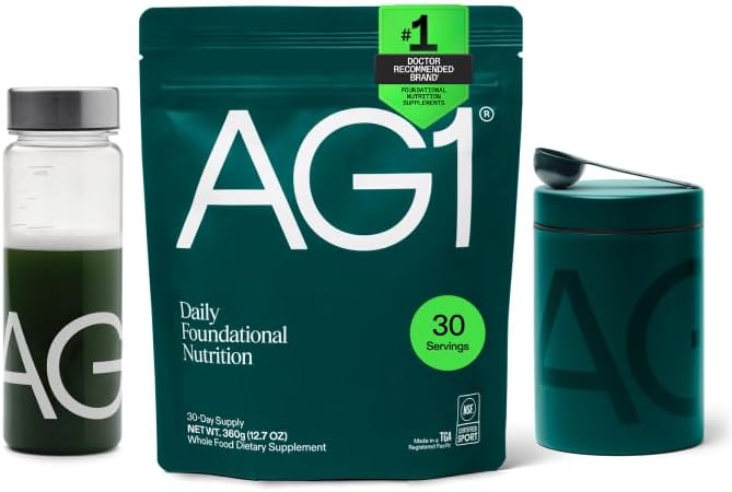 AG1 Greens Powder Supplement Bundle w/Stainless Steel Storage Canister – Multivitamin, Probiotic & Superfood Blend | Gut Health & Daily Wellness Support | Includes Shaker & Scoop | Vegan, Gluten-Free