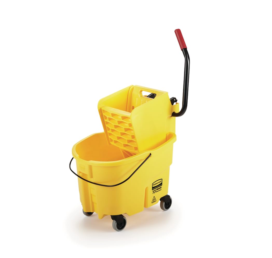 Rubbermaid Commercial Products WaveBrake 26 Qt. Side-Press Mop Bucket and Wringer Combo on Wheels, Yellow, for Professional/Industrial/Business Heavy-Duty Floor Cleaning/Mopping