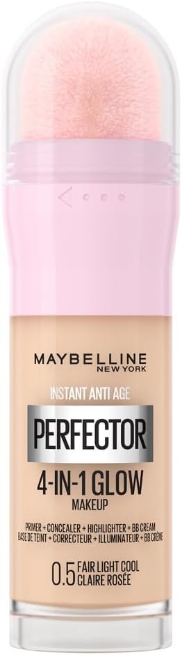 Maybelline New York Instant Anti Age Rewind Perfector,4-In-1 Glow Primer,Concealer,Highlighter,Self-Adjusting Shades,Evens Skin Tone w/ a Glow Finish,Shade: 0.5 Fair Light Cool,20 ml (Pack of 1)
