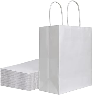 bagmad 50 Pack 8x4.75x10 inch Medium White Kraft Paper Bags with Handles Bulk, Gift Bags, Craft Grocery Shopping Retail Birthday Party Favors Wedding Sacks Restaurant Takeout, Business (50Pcs)