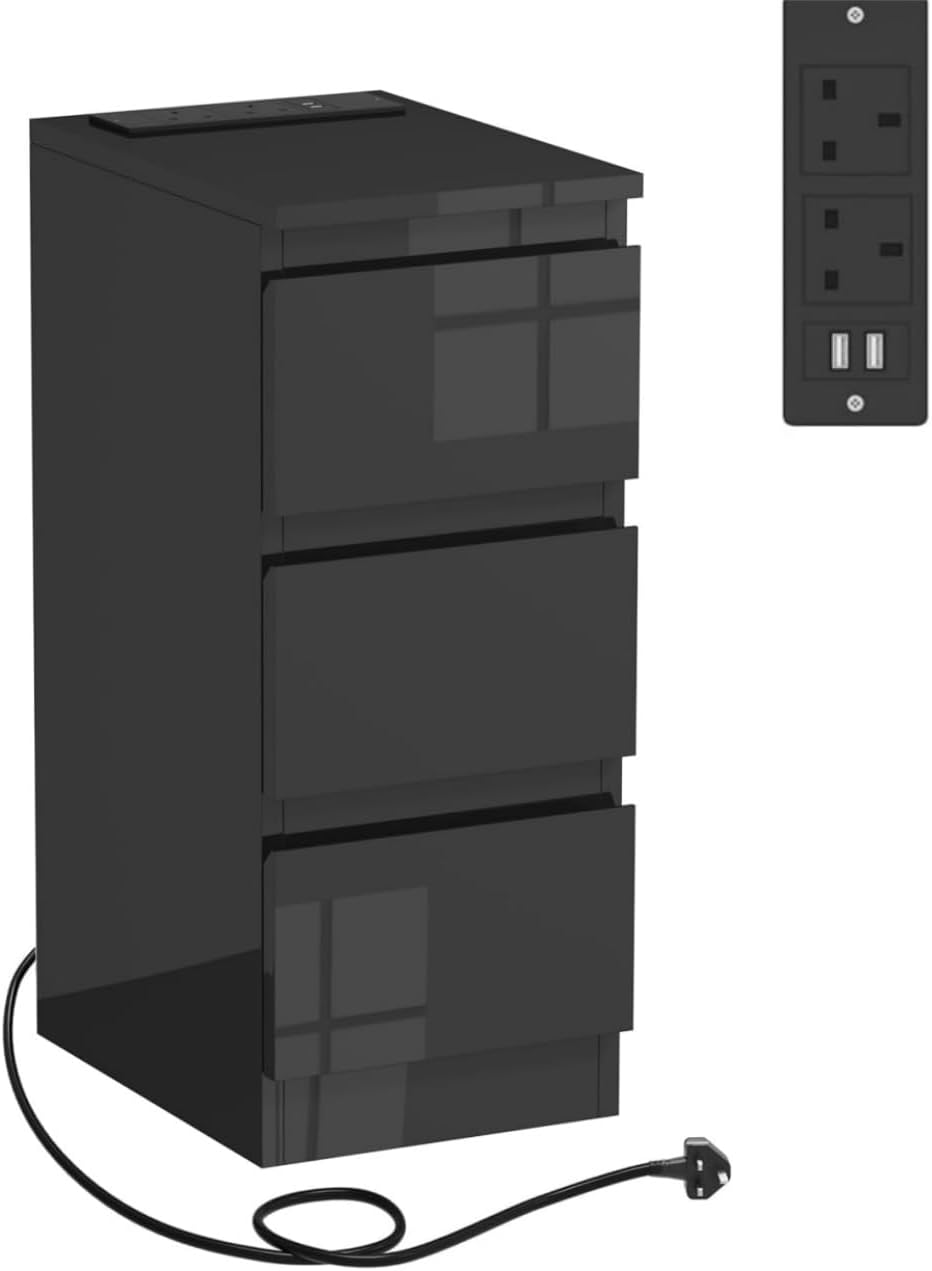 Menaka 25CM Narrow Bedside Table 3 Drawers Cabinet with Charging Station, Slim Side Table Bed Nightstand with 2 USB Ports & Power Sockets for Bedroom Living Room (black)