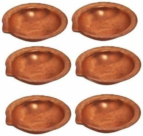 URBANWAZE Pure Copper Diva Diya Pooja Aarti Diya Lamp For Pooja Aarti Worship Handmade Cotton Wick Occasion Festival Baati Bati Good Luck Prosperity and Wealth 6 Pieces Set 5cm by 5cm