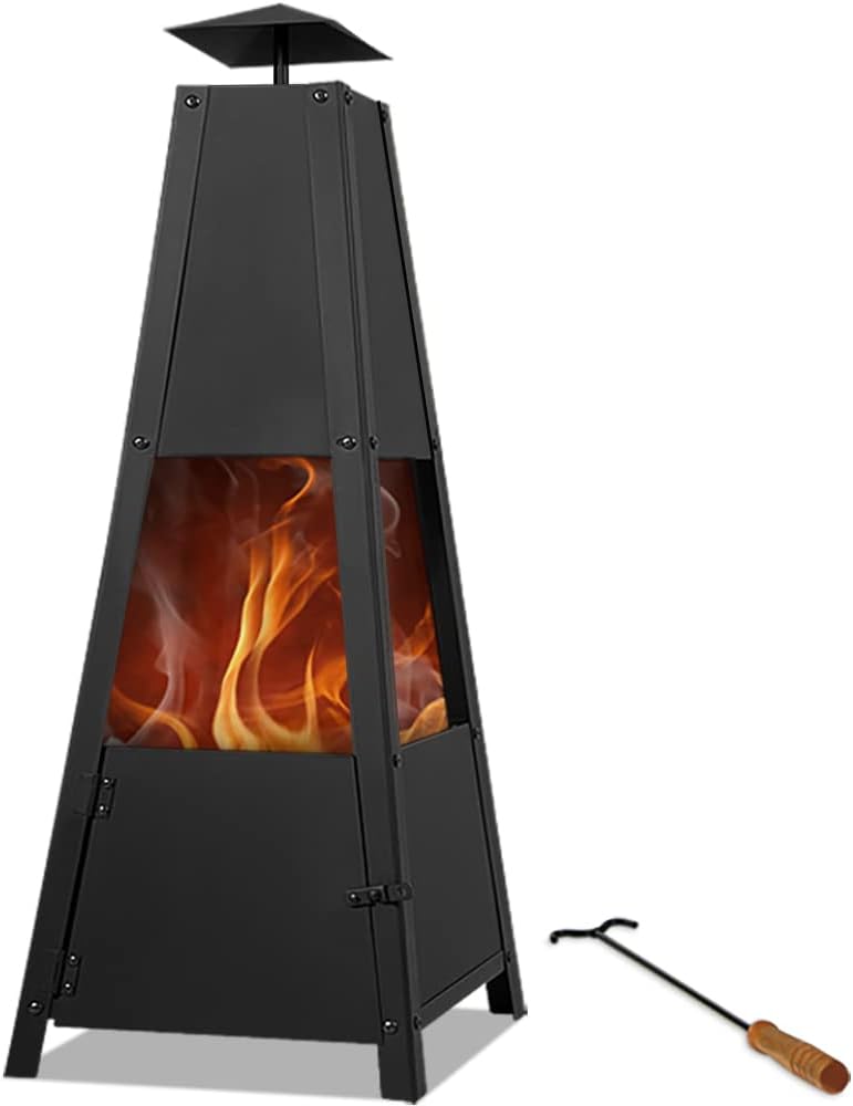 Gardebruk® Pyramid Fire Pit | Smoke Outlet | Garden Patio Heater with Lockable Door | Firm Stand | Wood Charcoal Fire Basket Chimenea with Poker | 102cm / 40' | 5kg | Black